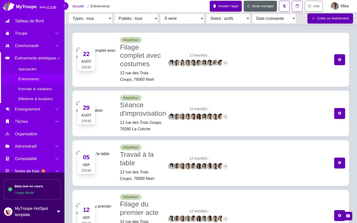 Liste des événements d'une troupe dans MyTroupe : répétitions, représentations et rendez-vous de la saison