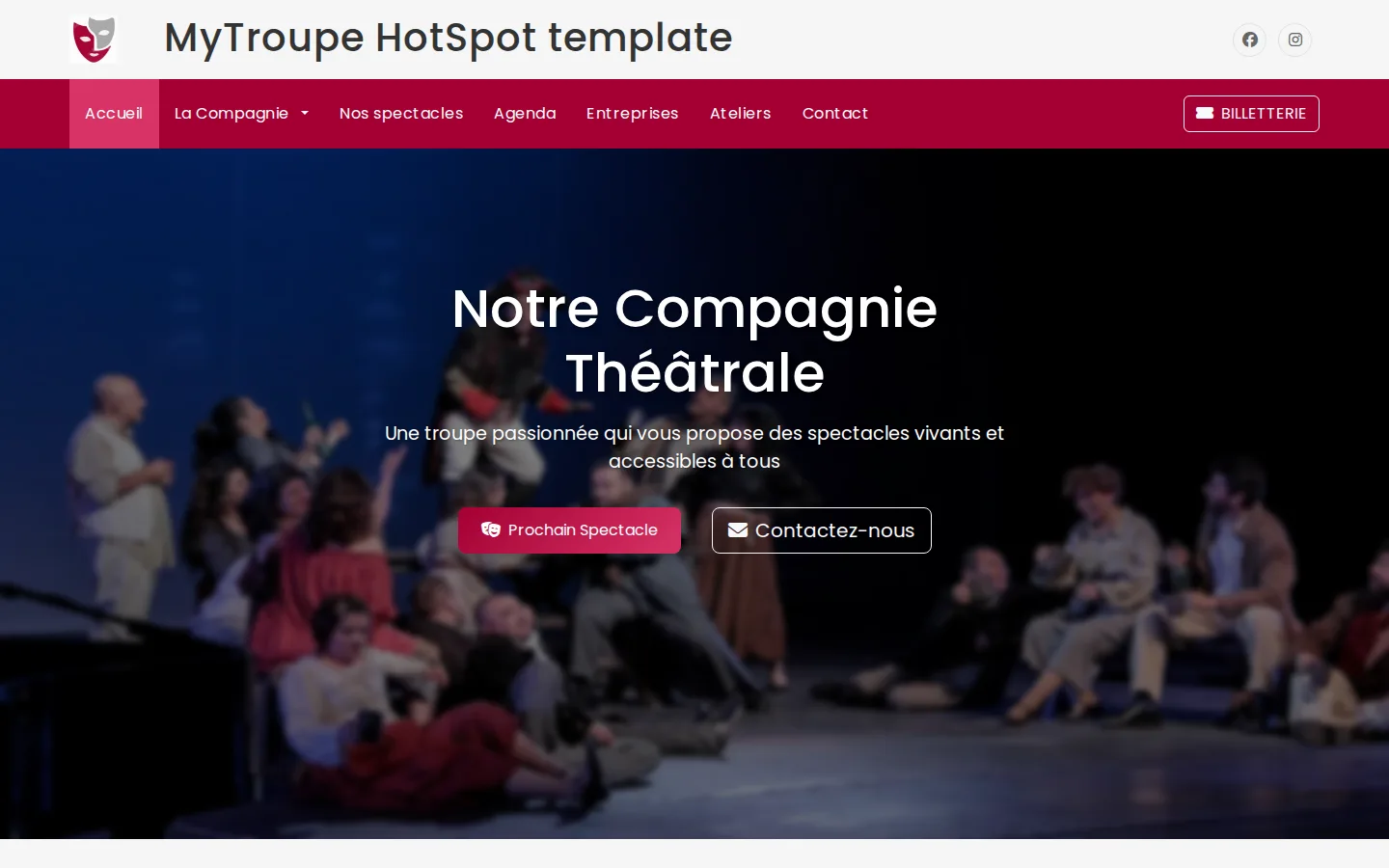 Site public d'une troupe de théâtre créé avec MyTroupe : bannière, menu, agenda et billetterie