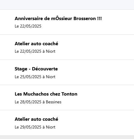 Liste des événements