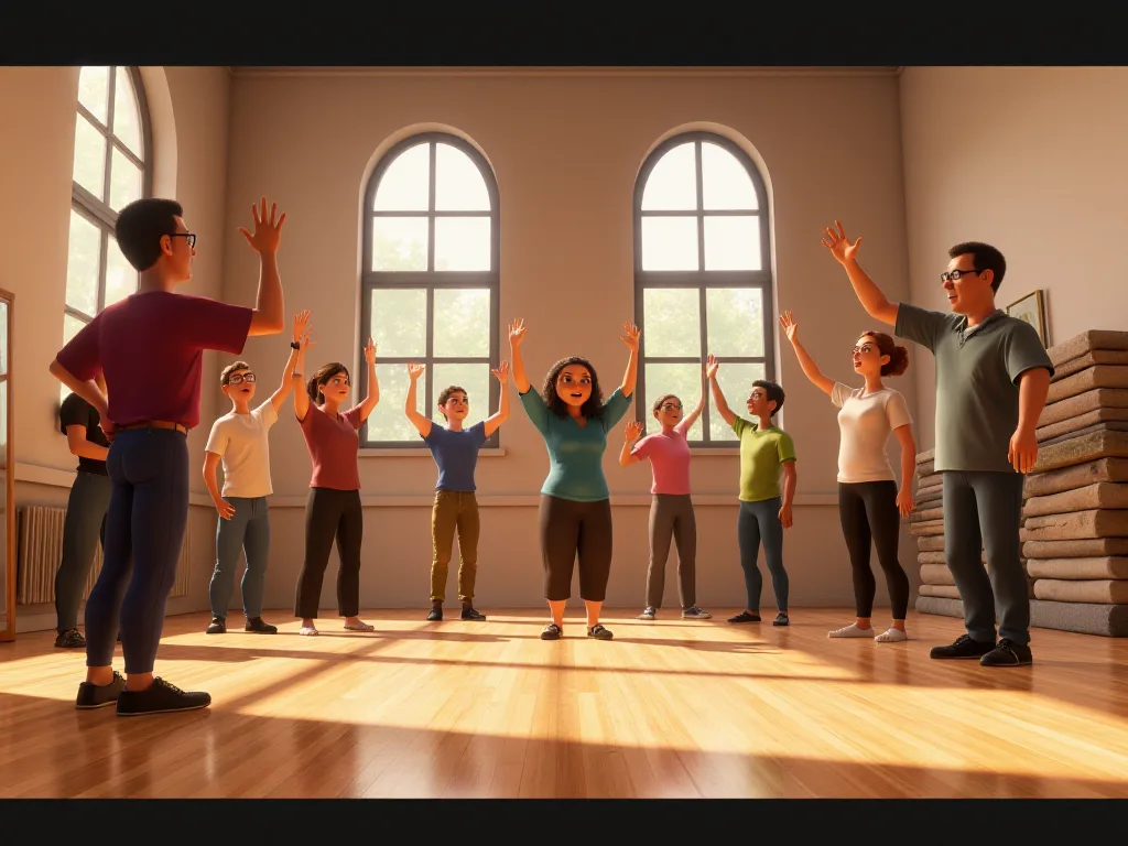 Un atelier de théâtre pour adultes en cours, huit participants en cercle pendant un échauffement mené par une intervenante