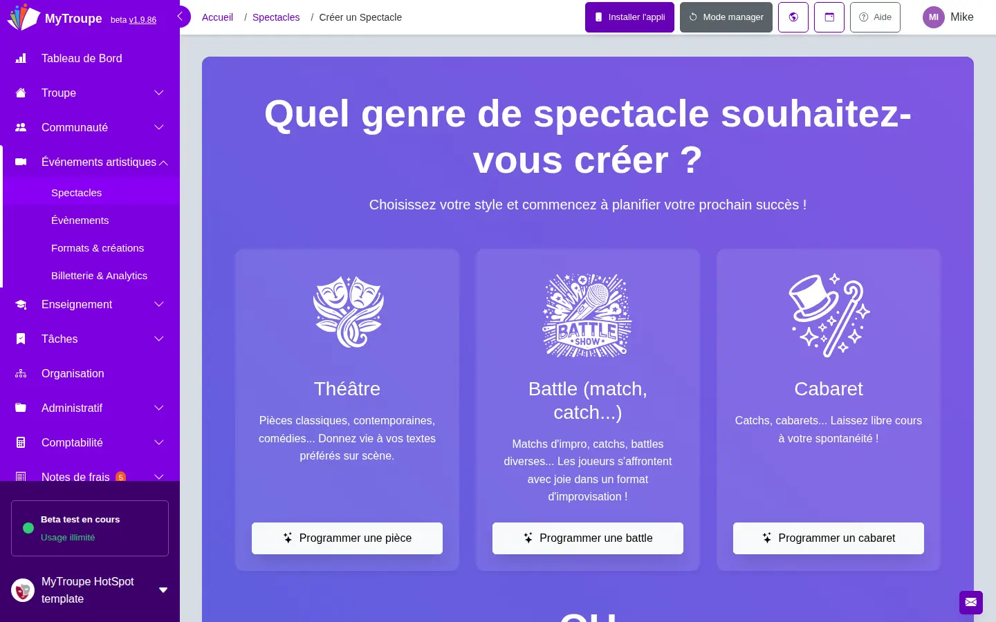 Écran de création d'un spectacle dans MyTroupe : choix entre une pièce de théâtre, un match d'improvisation et un cabaret