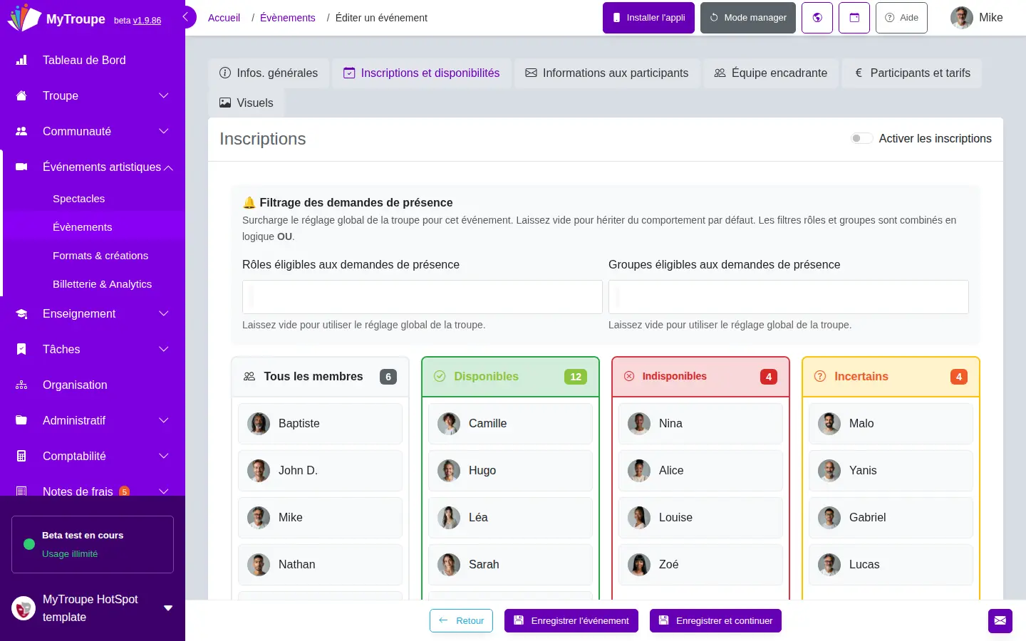 Réponses à une demande de présence pour une répétition : colonnes des membres disponibles, indisponibles et incertains, avec les filtres par rôle et par groupe