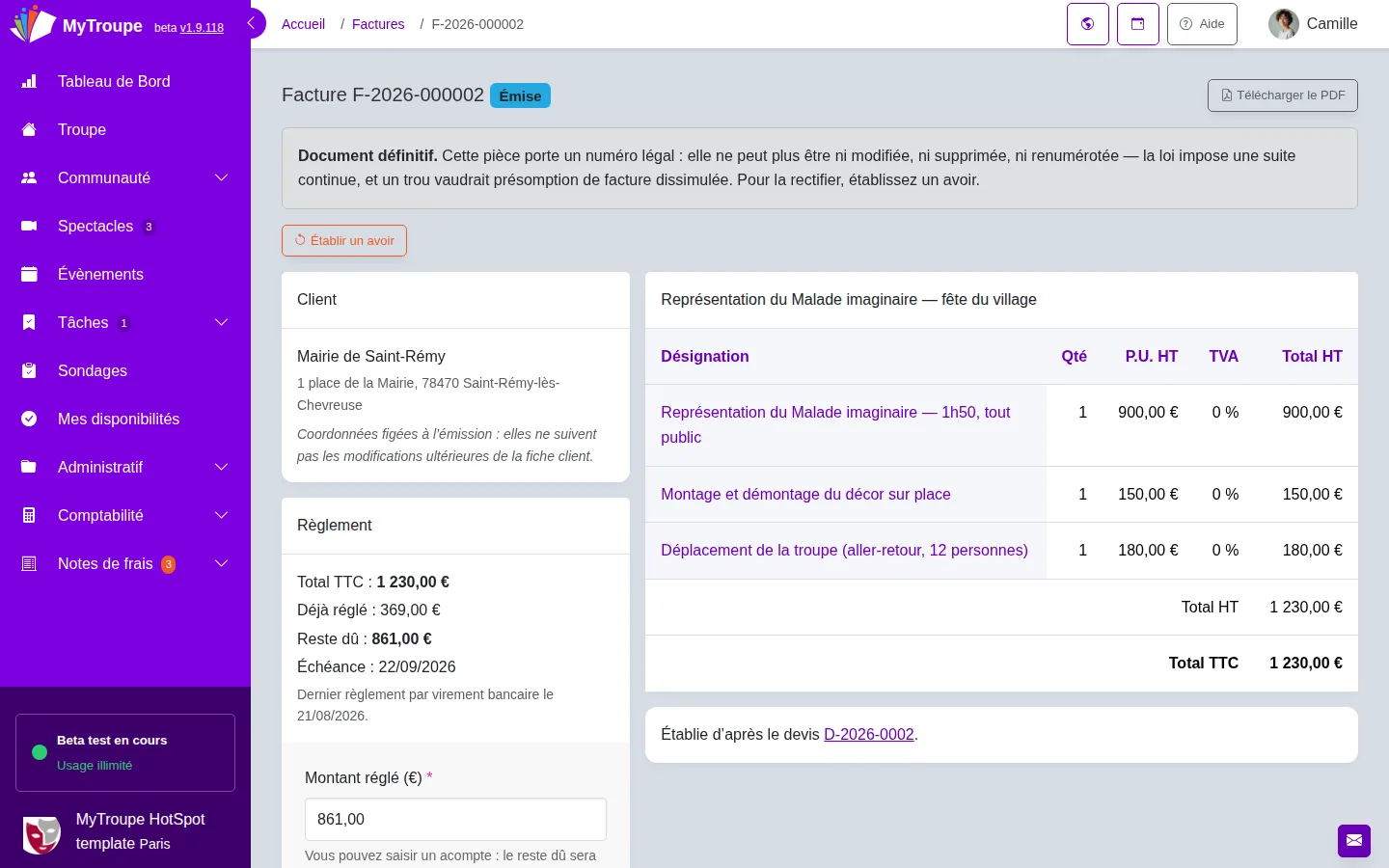 Facture émise dans MyTroupe avec sa numérotation légale, ses lignes et le suivi du règlement partiel
