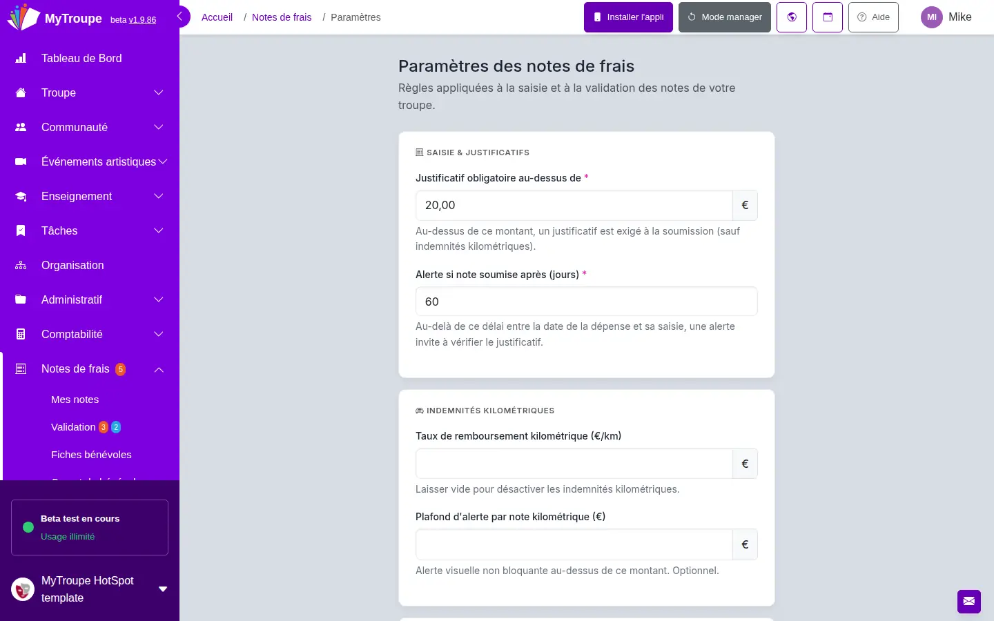 Paramètres des notes de frais : seuil de justificatif obligatoire, délai d'alerte après la dépense, taux de remboursement kilométrique et plafond par note