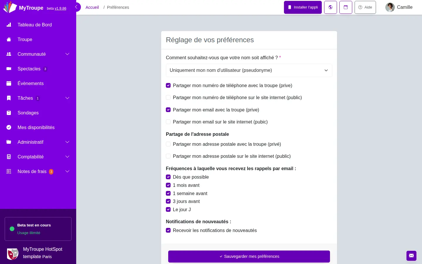 Réglage des préférences d'un membre de troupe : partage du téléphone, de l'email et de l'adresse séparément avec la troupe ou sur le site public, et fréquence des rappels par email
