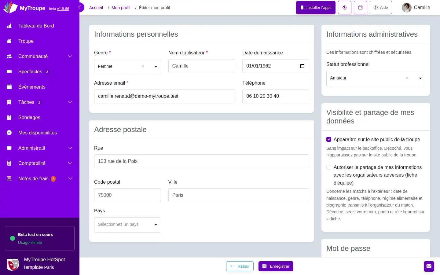 Édition du profil d'un membre : informations personnelles, adresse, statut professionnel chiffré et cases de visibilité sur le site public et de partage avec les organisateurs adverses