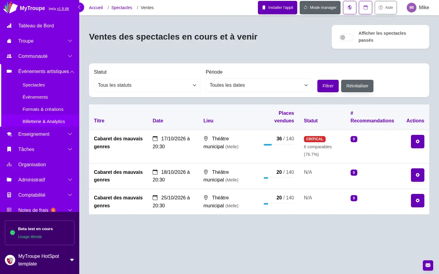Suivi des ventes de billets d'un spectacle dans MyTroupe : places vendues en ligne et à l'entrée, représentation par représentation