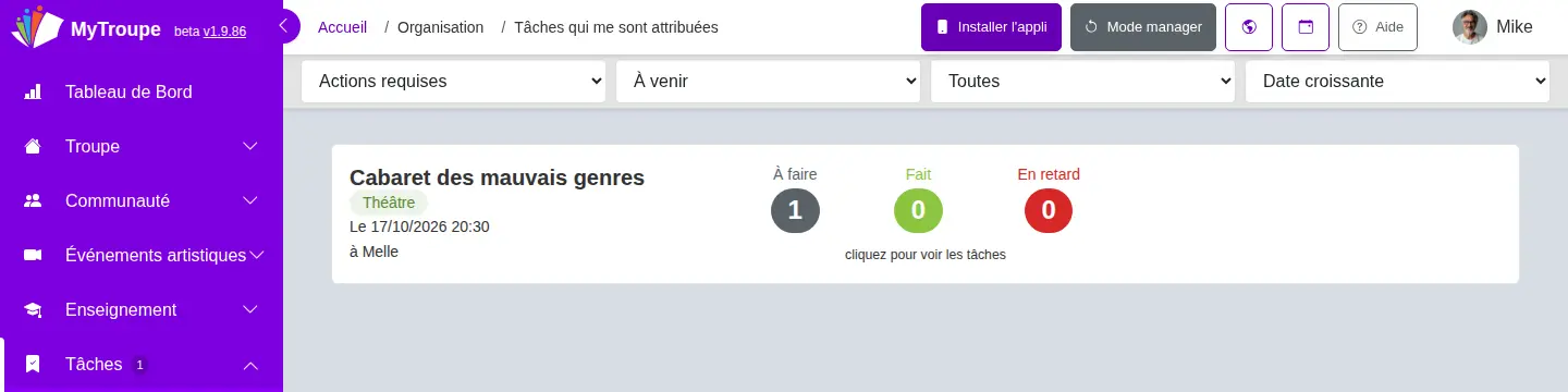 Écran des tâches attribuées à un membre de la troupe : nombre de tâches à faire, faites et en retard pour le prochain spectacle