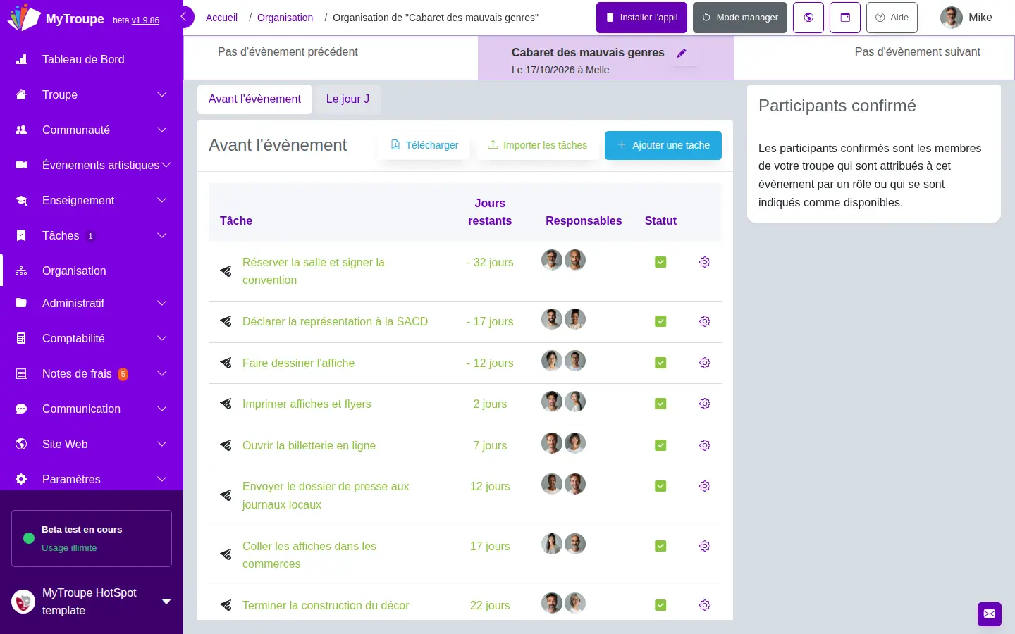 Rétroplanning d'un spectacle de troupe amateur : chaque tâche avec ses jours restants, ses responsables en photo et sa case de validation