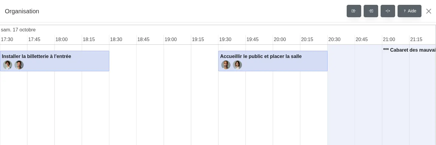 Frise horaire du jour du spectacle : installation de la billetterie, accueil du public et rangement de la salle placés heure par heure avec leurs responsables