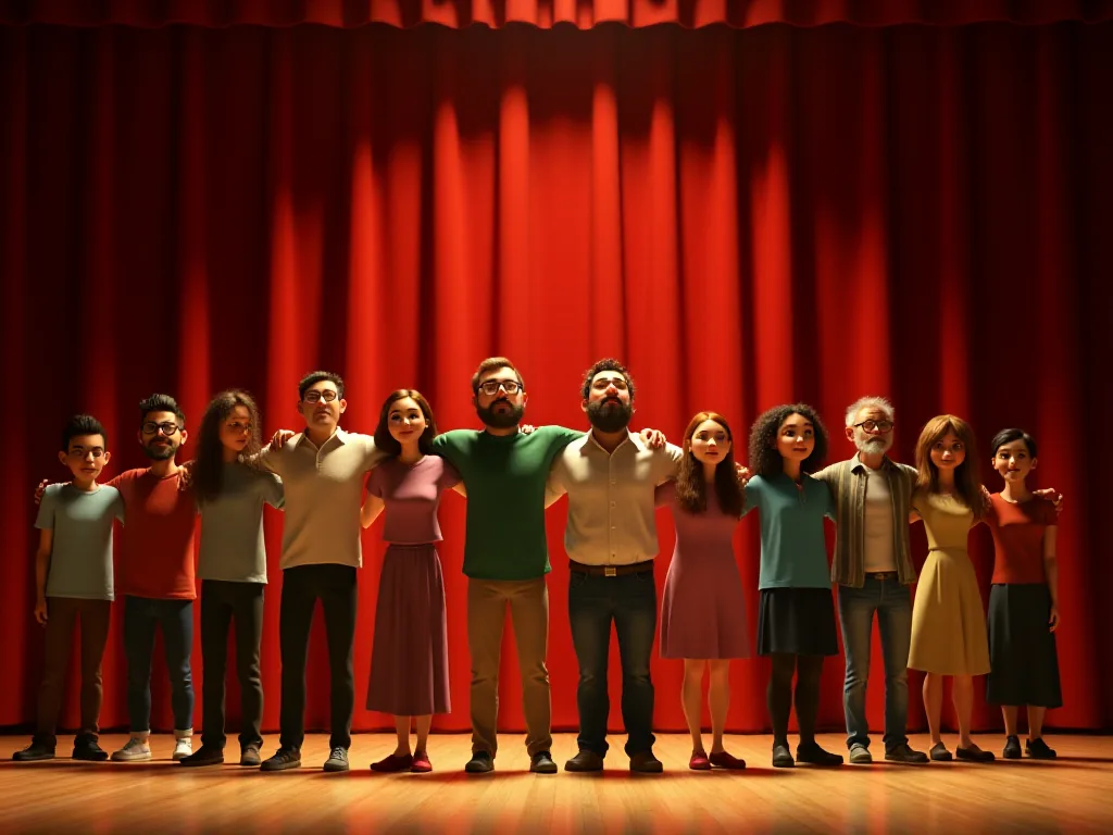 La troupe au complet, une quinzaine de comédiens serrés les uns contre les autres sur le plateau, après la répétition