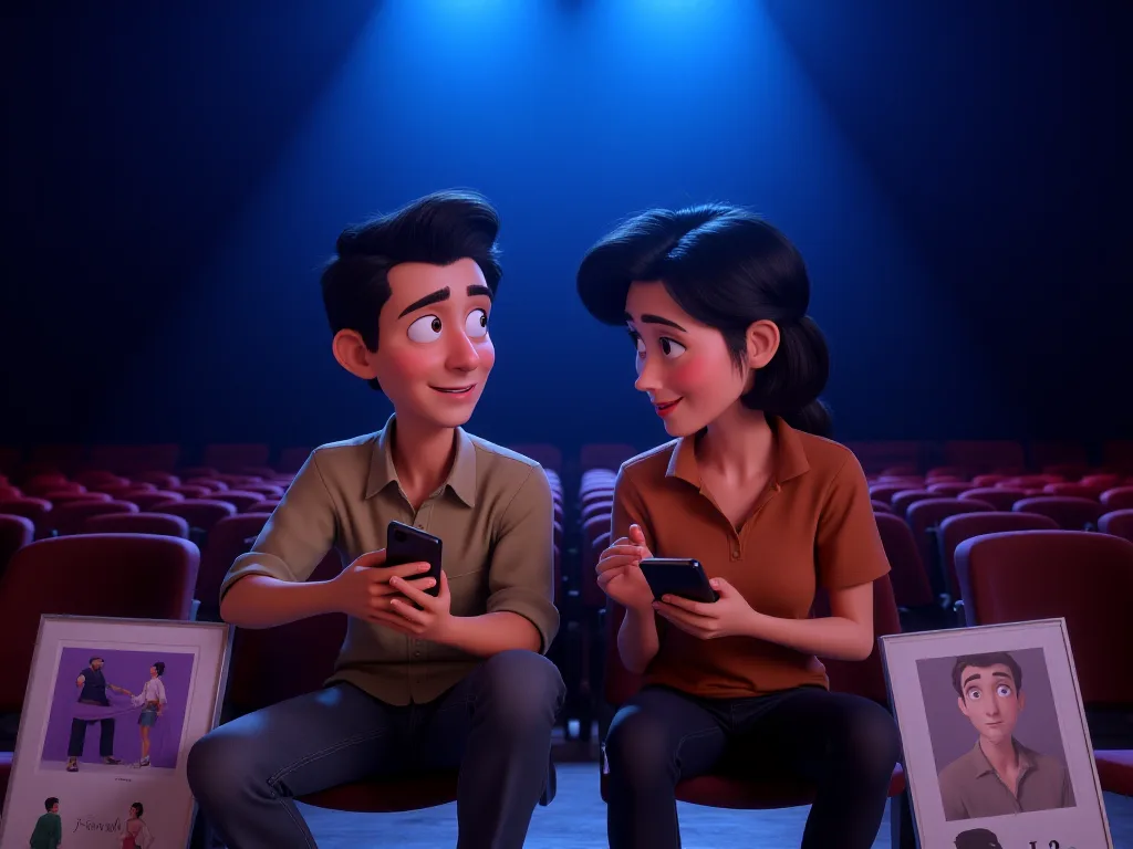 Deux membres d'une troupe préparent l'annonce de leur spectacle sur un téléphone, assis au bord du plateau après la répétition