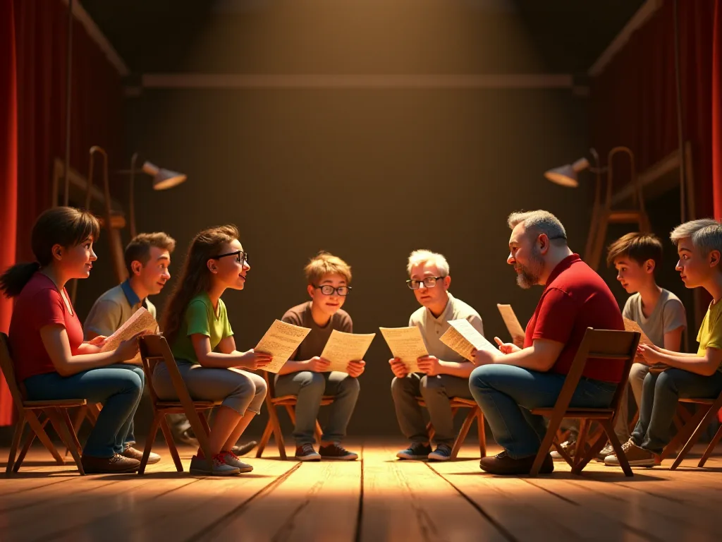 Une troupe de théâtre amateur réunie en cercle dans une salle des fêtes, scripts en main, avant de commencer la répétition